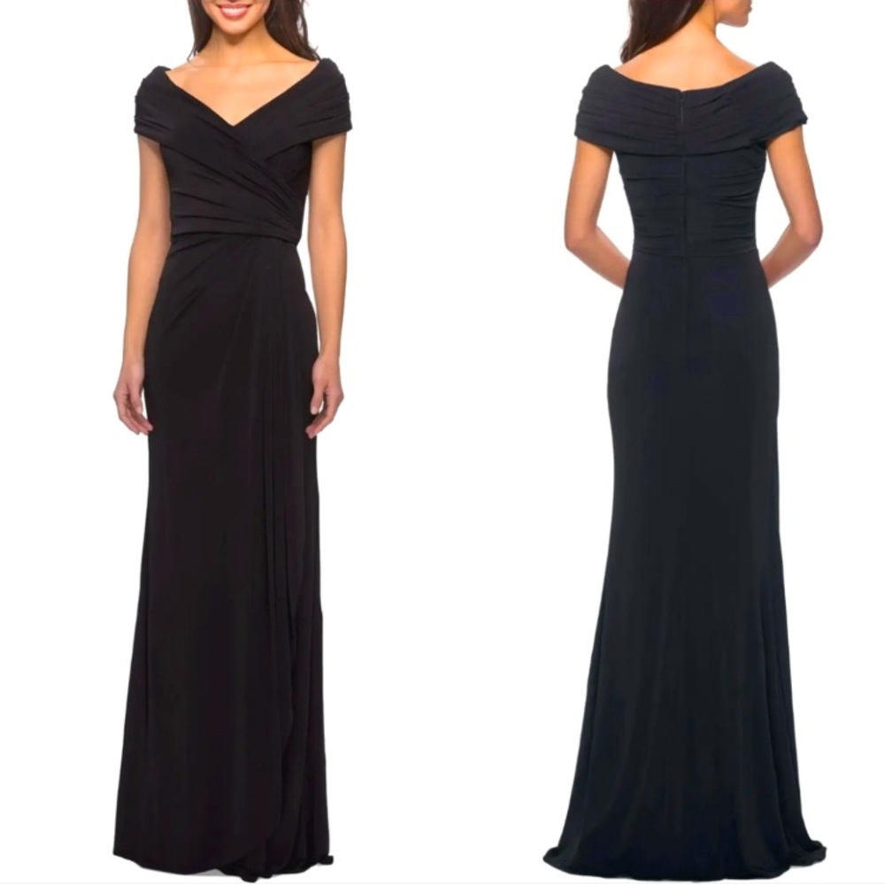 La Femme Black Off-the-Shoulder Ruched Wrap Maxi Dress